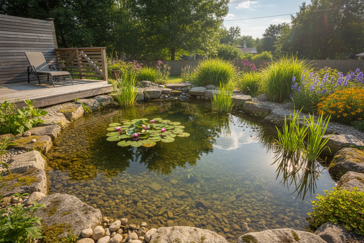 Pond with lily pads in a garden setting with rocks and plants