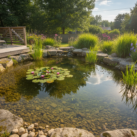Pond with lily pads in a garden setting with rocks and plants