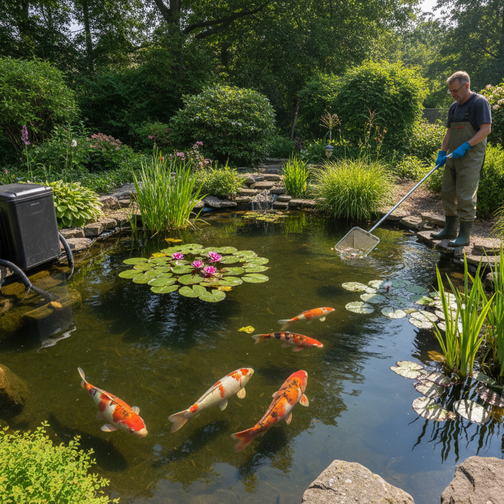 Man maintaining a garden pond with koi fish and lily pads.