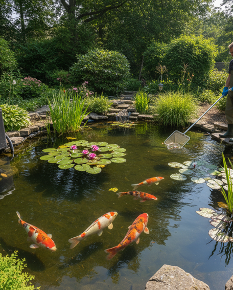 Man maintaining a garden pond with koi fish and lily pads.