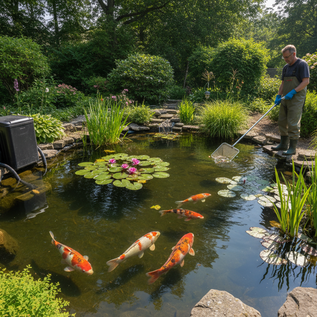 Man maintaining a garden pond with koi fish and lily pads.